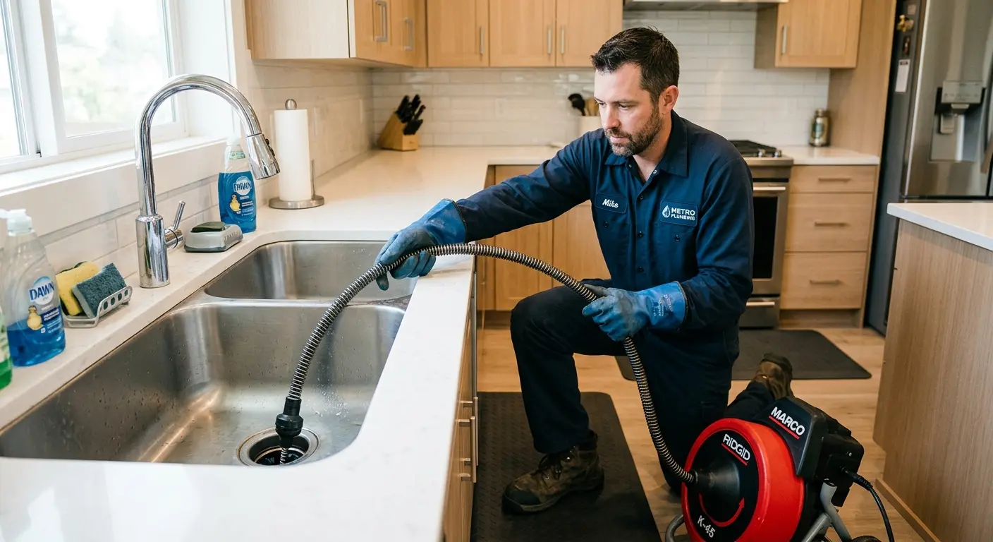 Drain cleaning technician using a motorized snake on a kitchen sink in Alton
