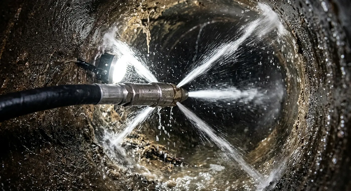 High-pressure hydro jetting nozzle cleaning sewer pipe for Emergency Drain Service in Alton
