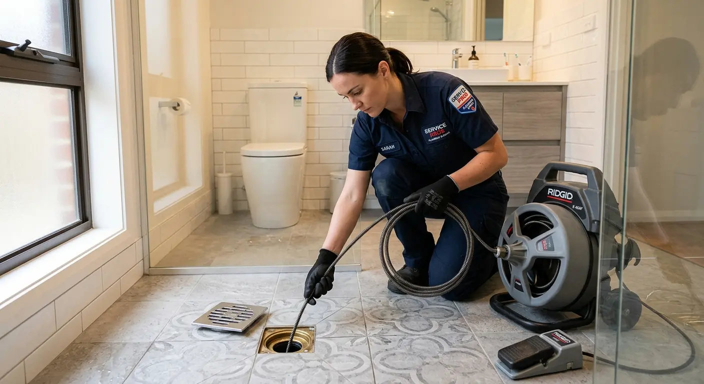 Technician clearing a bathroom floor drain for Hydro Jetting in Alton